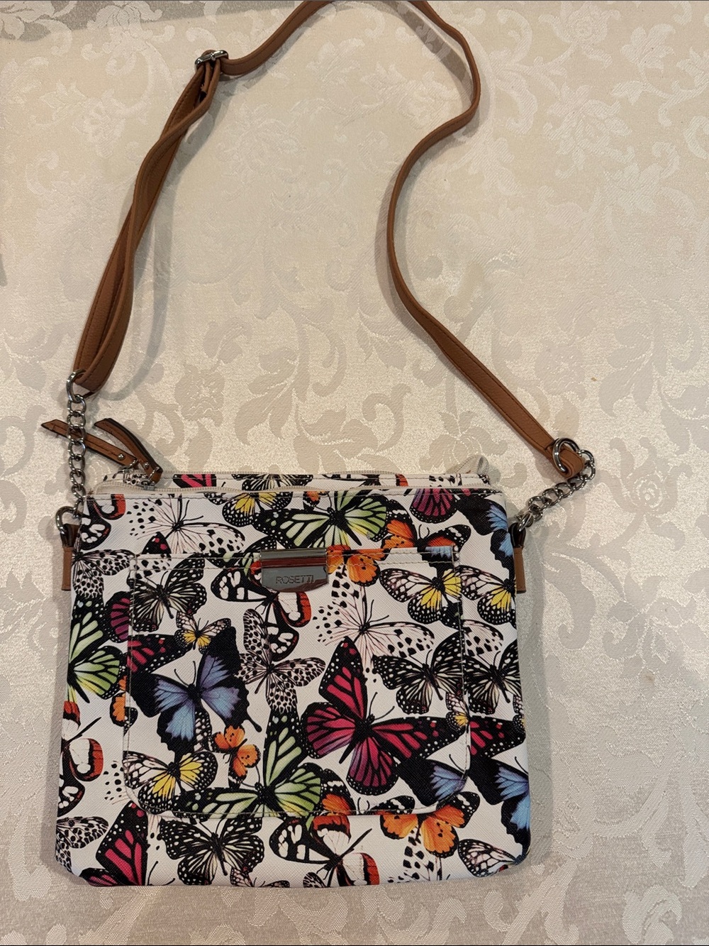 Rosetti Multicolor Butterfly Crossbody with Tan Strap
